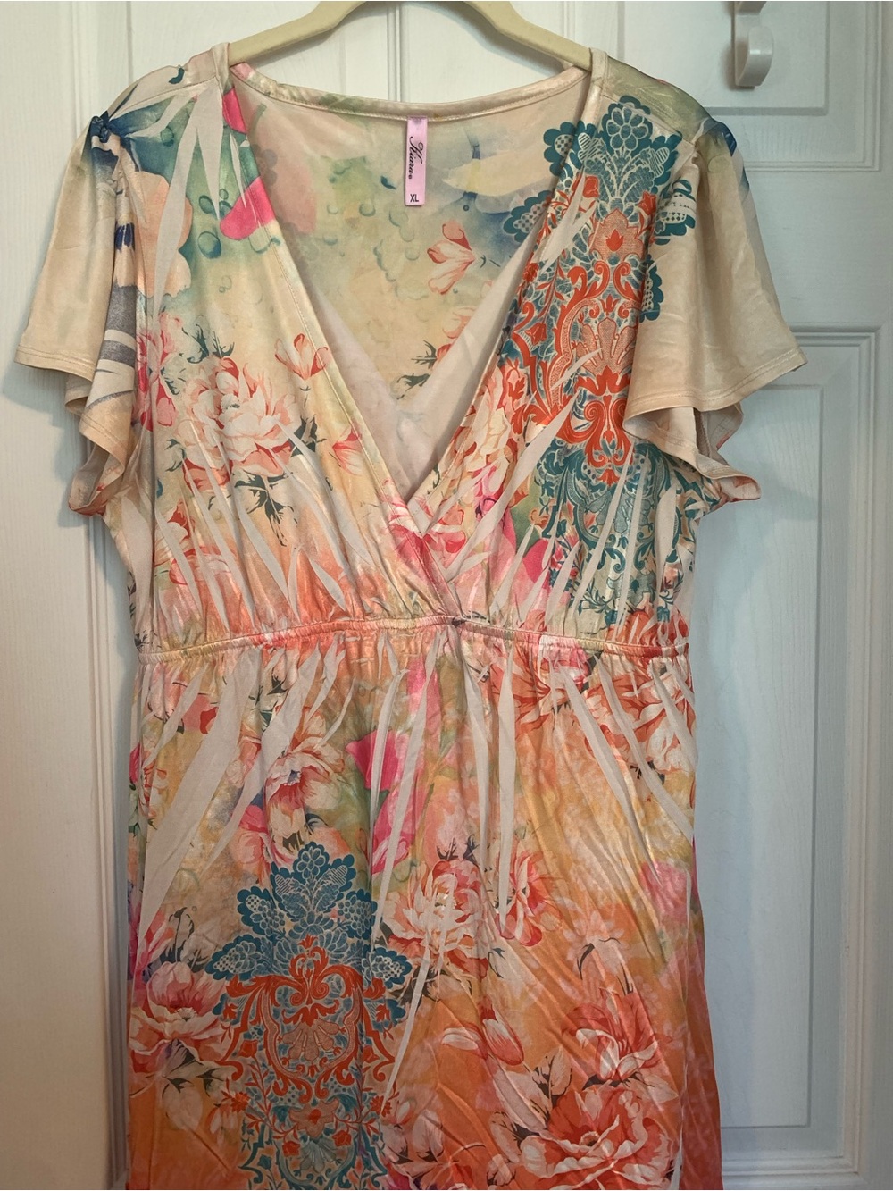 Kiara Floral V-Neck Midi Dress in Coral, Teal & Cream